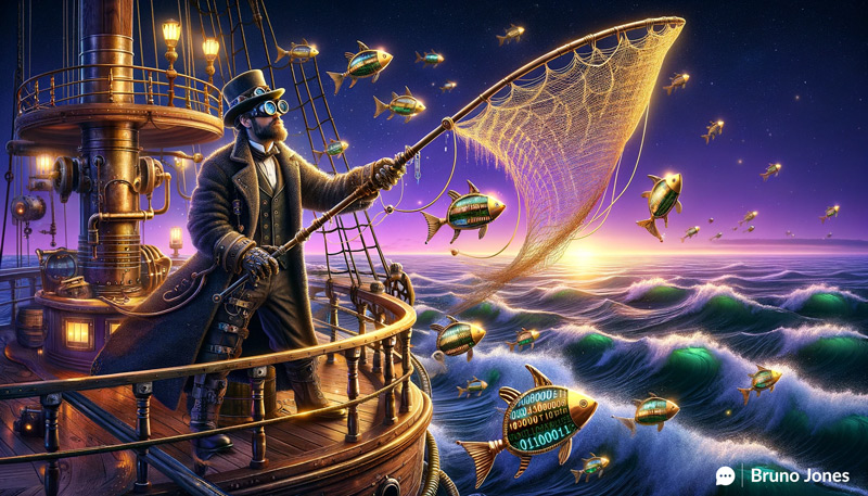 Steampunk fisherman aboard the SS Backlink casting a net into a digital ocean, successfully hauling in a catch of fish tagged with 'New Backlinks' and dates, symbolizing the acquisition of fresh SEO connections in a sea of data.