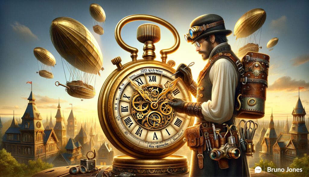 Steampunk Timekeeper optimizing for Simple SEO Strategies for the Non-Tech-Savvy Business Owner, with a brass stopwatch showing quick wins like mobile optimization and keyword research, set against a backdrop of search engine airships in a Victorian skyline.