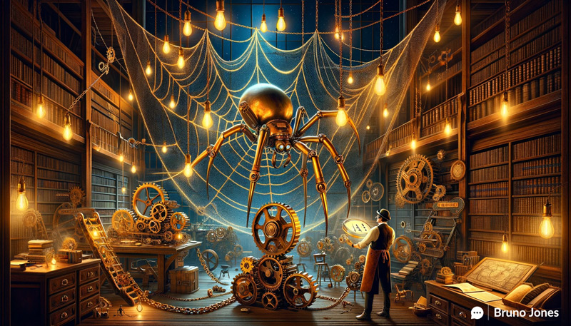 Steampunk-inspired automaton spider meticulously removing poor backlinks represented by tarnished dewdrops from a golden wire web, against a backdrop of Victorian SEO workshop ambiance.