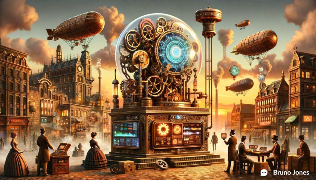 Steampunk-inspired visualization of Facebook's Groundbreaking AI and E-Commerce Integration, featuring a Victorian-era machine with brass gears and steam pipes symbolizing AI, surrounded by dynamic gears with digital screens for e-commerce analytics, against a backdrop of a futuristic Victorian cityscape with airships, highlighting the seamless blend of historical aesthetics and modern digital commerce.