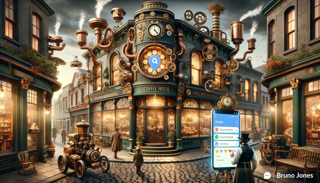 Steampunk-inspired bustling Victorian street scene with a highlighted local business showcasing its prominent Google Business Profile, demonstrating the concept 'Master Google My Business Now'. Features include intricate architecture with brass and gear motifs, a holographic Google review display, and a mix of pedestrians in Victorian-steampunk attire alongside steam-powered robots.