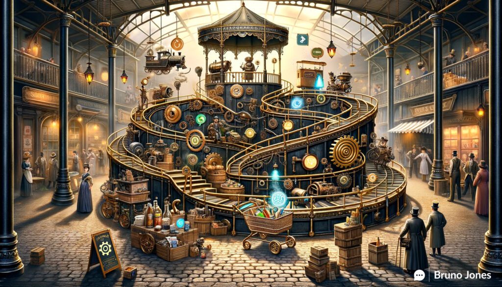 Steampunk-themed illustration depicting the E-commerce Shopping Cart Journey, visually representing Next-Gen SEO and Content Strategies. The image features a brass and iron shopping cart traversing a cobblestone path through a Victorian marketplace, passing gear-shaped signposts marking the stages of the buyer journey. Mechanical creatures and automatons interact with the cart at various points, symbolizing different phases such as Awareness, Consideration, and Decision. The atmosphere is rich with steampunk elements like dirigibles, steam puffs, and Victorian attire, culminating in a celebratory pavilion at the journey's end.