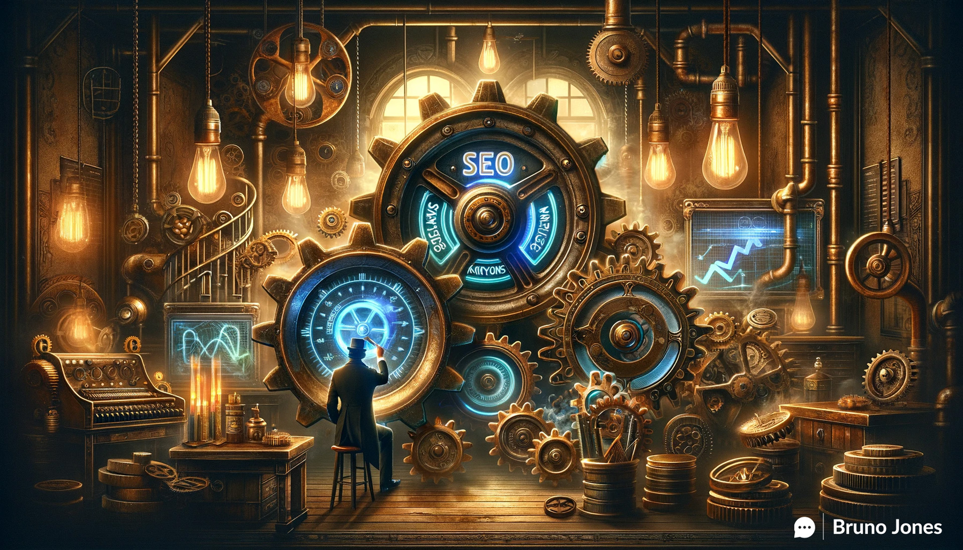 Steampunk-themed illustration of SEO and e-Commerce integration with interlocking gears labeled 'SEO' and 'e-Commerce,' set in a Victorian-era workshop, symbolizing how to catapult your e-Commerce business to new heights with SEO.