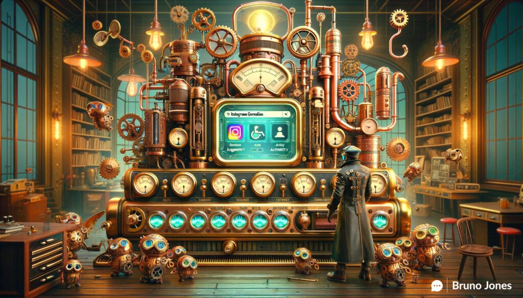 Steampunk-themed bot detection machine in action, operated by a Victorian-dressed individual, representing the advanced process of making your Instagram pop by removing inauthentic bot accounts