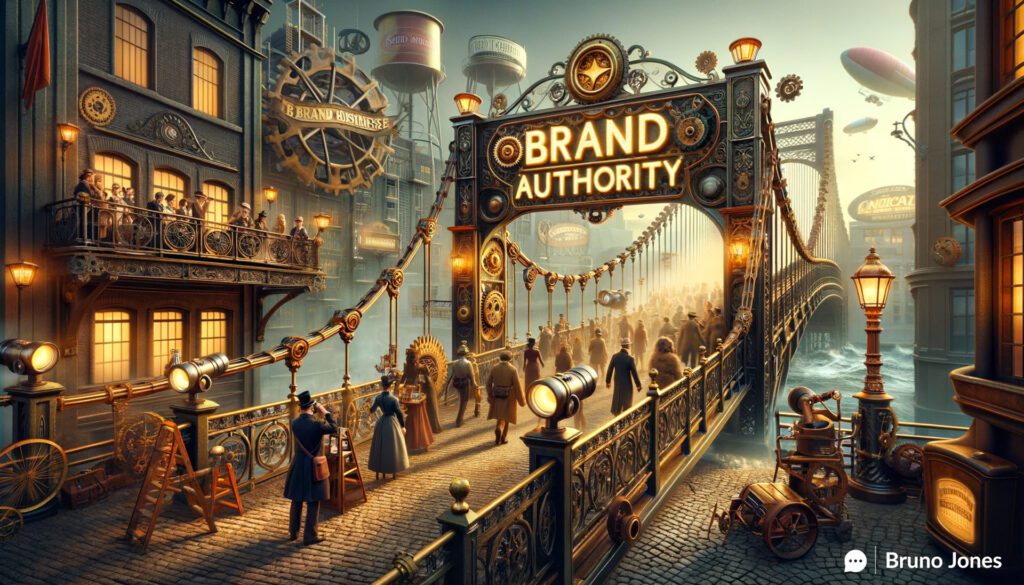 Steampunk-style illustration depicting the Dark Side of Ignoring Brand Authority in SEO, featuring a Victorian-era storefront representing a small business on one end and a bustling, futuristic cityscape symbolizing a larger audience on the other. The bridge, labeled 'Brand Authority,' is intricately designed with wrought iron, brass, gears, and steam vents, connecting the two worlds and highlighting the importance of brand authority in bridging the gap between small businesses and their potential markets.