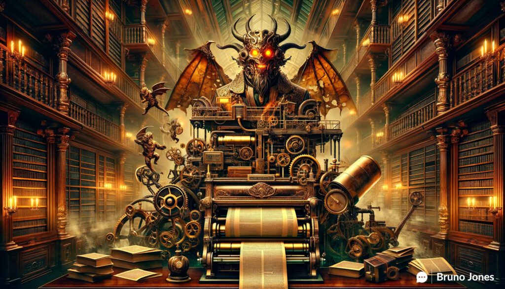 Steampunk-style demon made of brass and iron, symbolizing The Terrifying Truth About E-Commerce SEO Failures, duplicating web pages with a Victorian printing press in a library setting.