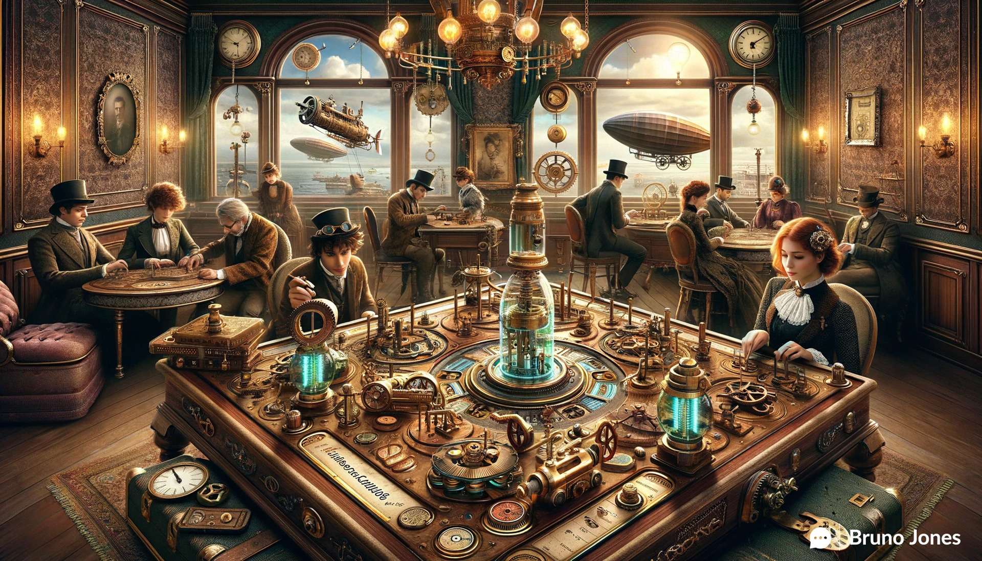 Steampunk-themed Dr. Oetker Memory Challenge game board with Victorian-era players engaged in play, showcasing innovative customer acquisition methods in a retro-futuristic setting with brass gears, mechanical elements, and a Victorian drawing room backdrop.