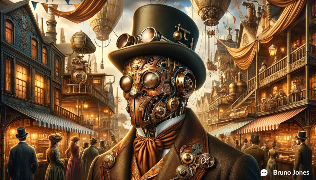 Steampunk inventor in Victorian attire revealing a genuine smile beneath a detailed brass and leather mask, symbolizing 'Should you fake it till you make it?' in a bustling steampunk market scene with airships and gas lamps.