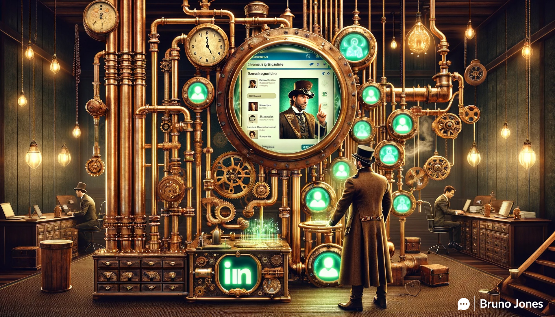 Steampunk-styled depiction of LinkedIn Evolution with a sales professional using an ornate brass LinkedIn machine for personalized outreach, surrounded by a Victorian-era office with innovative technology and global time zones.