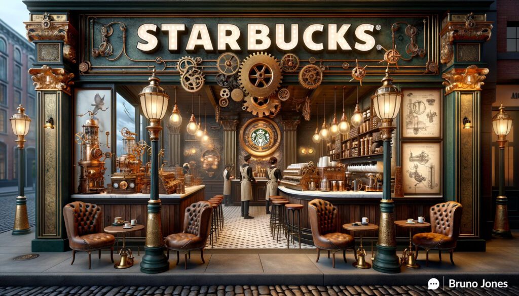 Steampunk-themed Starbucks café interior illustrating 'Customer Experience as a Pricing Strategy' with Victorian-inspired baristas, brass espresso machines, leather seating, and mechanical décor elements enhancing the unique ambiance.