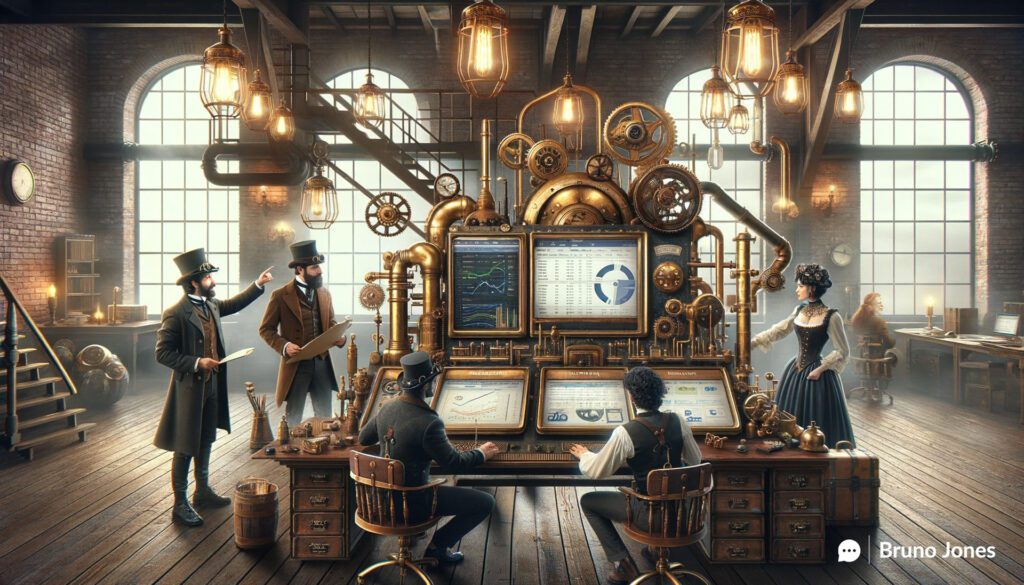 Steampunk-themed team collaboration over a Victorian-era inspired computer, focusing on optimizing Product Listing Pages in E-Commerce, featuring brass-fitted technology, typewriter-style keyboard, and diverse team in period attire, symbolizing cross-functional SEO efforts.