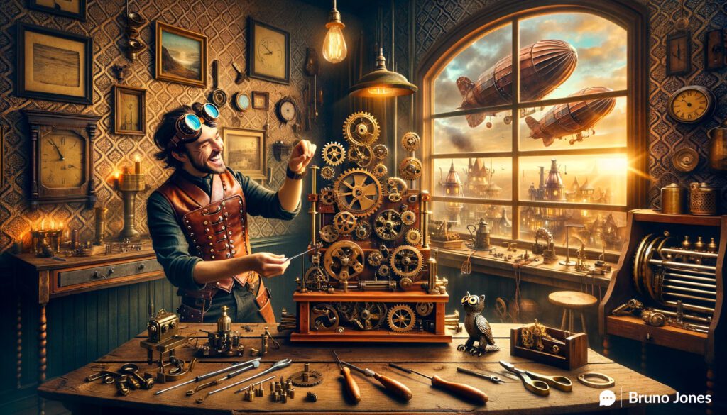 Steampunk-themed depiction of The IKEA Effect, illustrating a customer joyfully assembling a mechanical contraption, embodying Proven Psychological Tactics to Skyrocket Your Sales in a whimsical workshop setting.