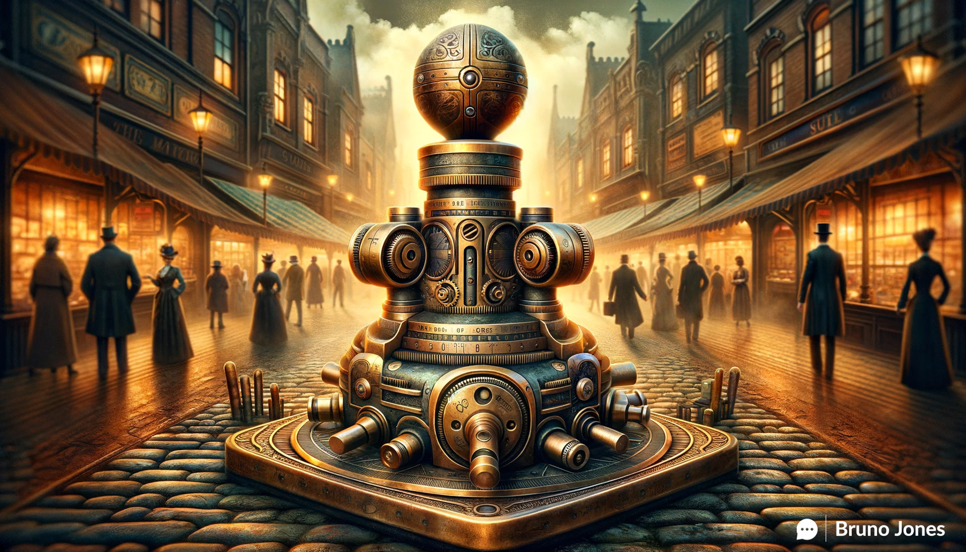 Steampunk-inspired linchpin symbolizing the pivotal role in mastering market positioning, set against a Victorian-era market background with intricate brass and copper gears, representing diverse market sectors and the dynamic nature of business strategies.