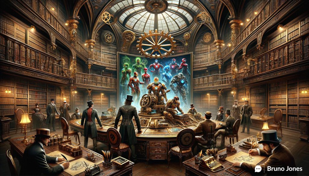 Steampunk library with content marketing strategists discussing differentiation strategies, surrounded by brass and copper typewriters, mechanical quill pens, and holographic projections of generic superheroes in Victorian-era costumes with mechanical augmentations, embodying innovative content creation in a steampunk universe.