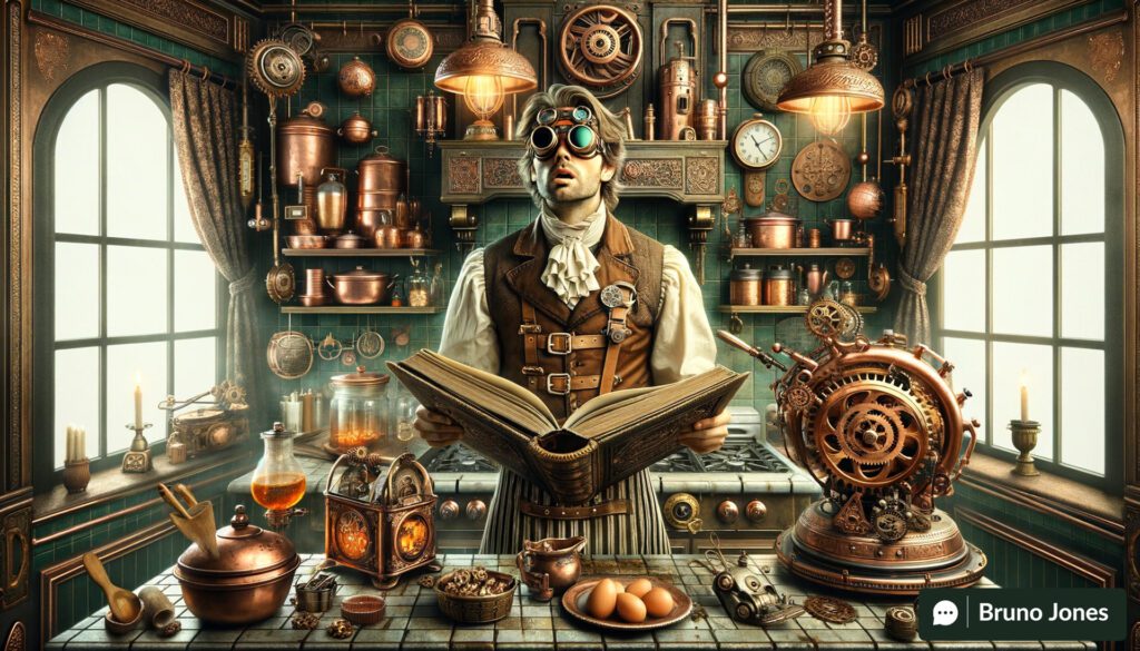 Steampunk style kitchen with a confused cook surrounded by whimsical gadgets, illustrating the concept of 'buyer personas' for Clueless Cooks in a whimsical, Victorian-inspired setting.