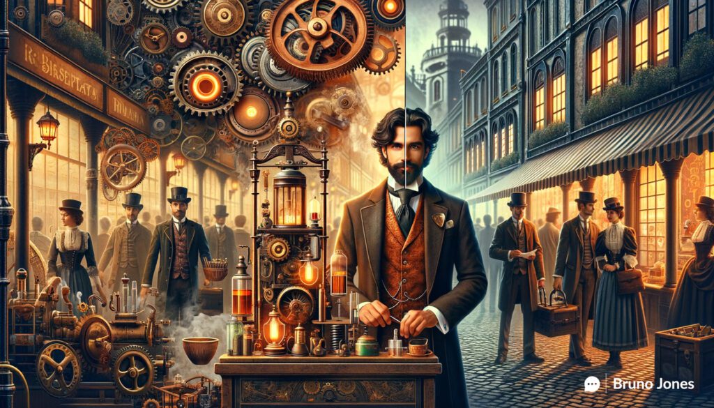 Steampunk-themed split-screen image contrasting Digital Brand Relevance with Brand Preference, featuring an innovative marketplace scene with a Portuguese man beside a complex machine on the left, and a traditional, less engaging storefront scene on the right.