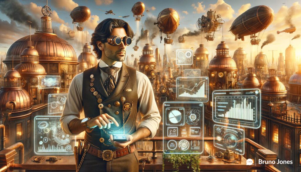 Steampunk-inspired futuristic cityscape with a Portuguese man showcasing experience disruption in marketing, featuring holographic data displays, steampunk gadgets, and a harmonious blend of technology and nature.