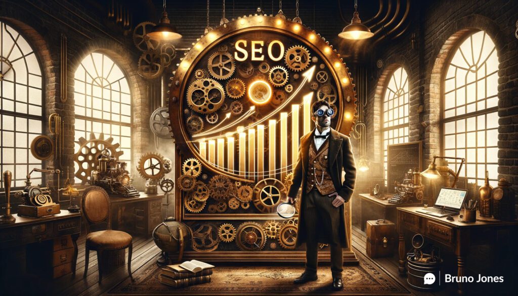 Steampunk-themed 2024 Semantic SEO growth chart with a Portuguese man analyzing rising traffic and engagement metrics on a brass gear-driven graph in a Victorian-era workshop setting.