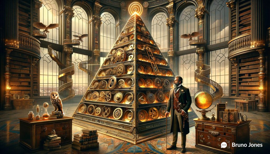 Steampunk-inspired depiction of the Brand Resonance Model, featuring a detailed Brand Resonance Pyramid with brass gears and copper levels, alongside a Portuguese gentleman with visionary gadgets, set in a Victorian-era library with Lisbon's futuristic cityscape.