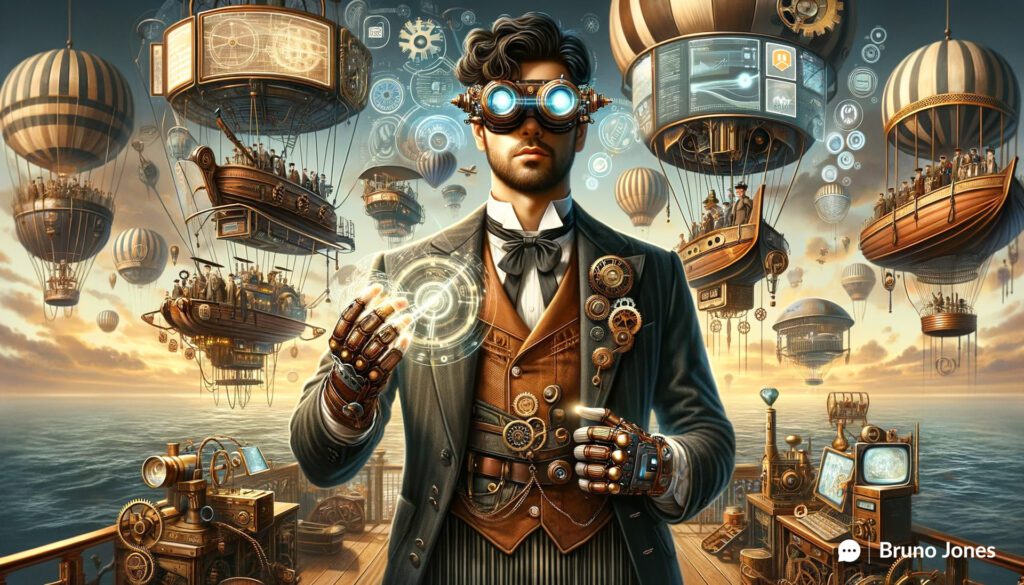 Portuguese man in steampunk attire using VR to navigate a futuristic digital marketing landscape, symbolizing innovative inbound marketing strategies.