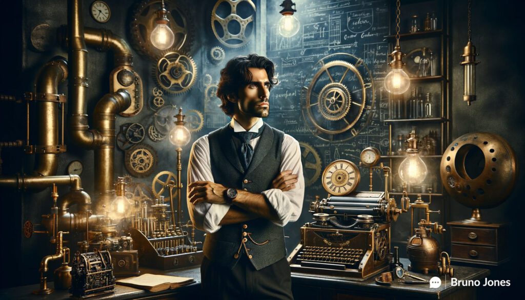 Steampunk-style keyword research scientist in a Victorian-era lab, deeply analyzing keyword mapping for the buyer journey, surrounded by brass gadgets and intricate SEO tools.