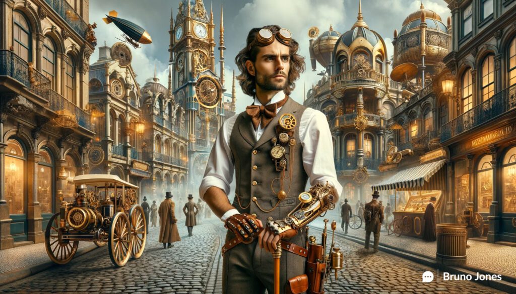 Steampunk cityscape with Portuguese man embodying Victorian and industrial innovation, holding a mechanical cane, ideal for illustrating creative Google Business Profile Tips.