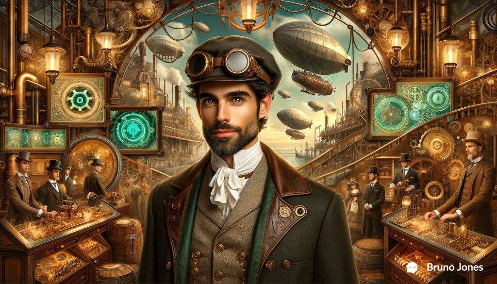 Steampunk-inspired illustration of a Portuguese man showcasing a product's journey in a Victorian-era marketplace, highlighting innovative digital storytelling techniques to grow your e-commerce business.