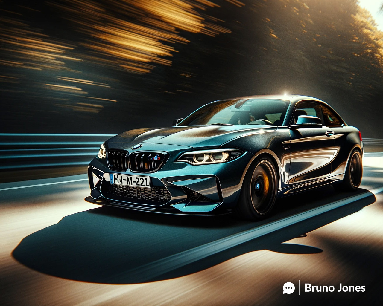 Custom GPT-generated image of a BMW M2 in dynamic motion, captured with Canon EOS-1D X Mark II style and a 35mm lens effect, showcasing the car's sporty elegance and high-performance design against a blurred background.