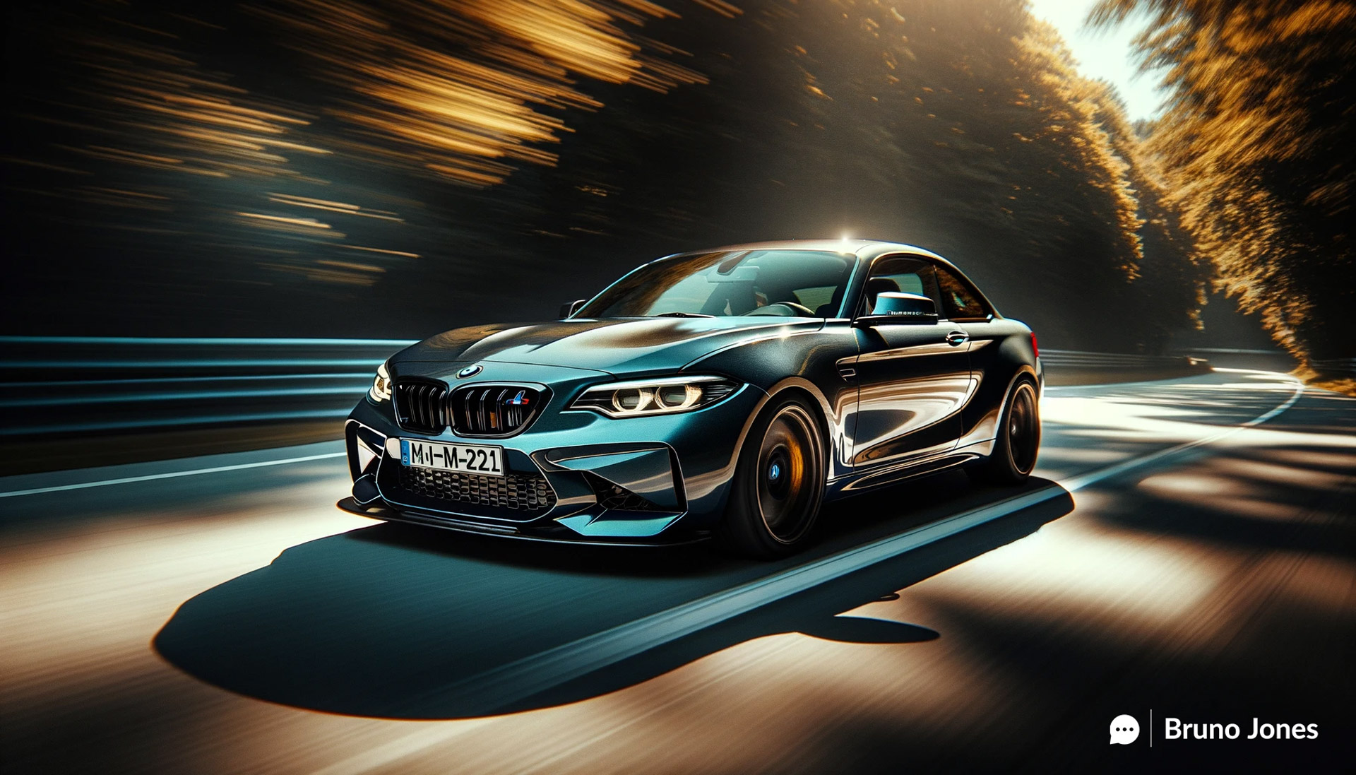 Custom GPT-generated image of a BMW M2 in dynamic motion, captured with Canon EOS-1D X Mark II style and a 35mm lens effect, showcasing the car's sporty elegance and high-performance design against a blurred background.