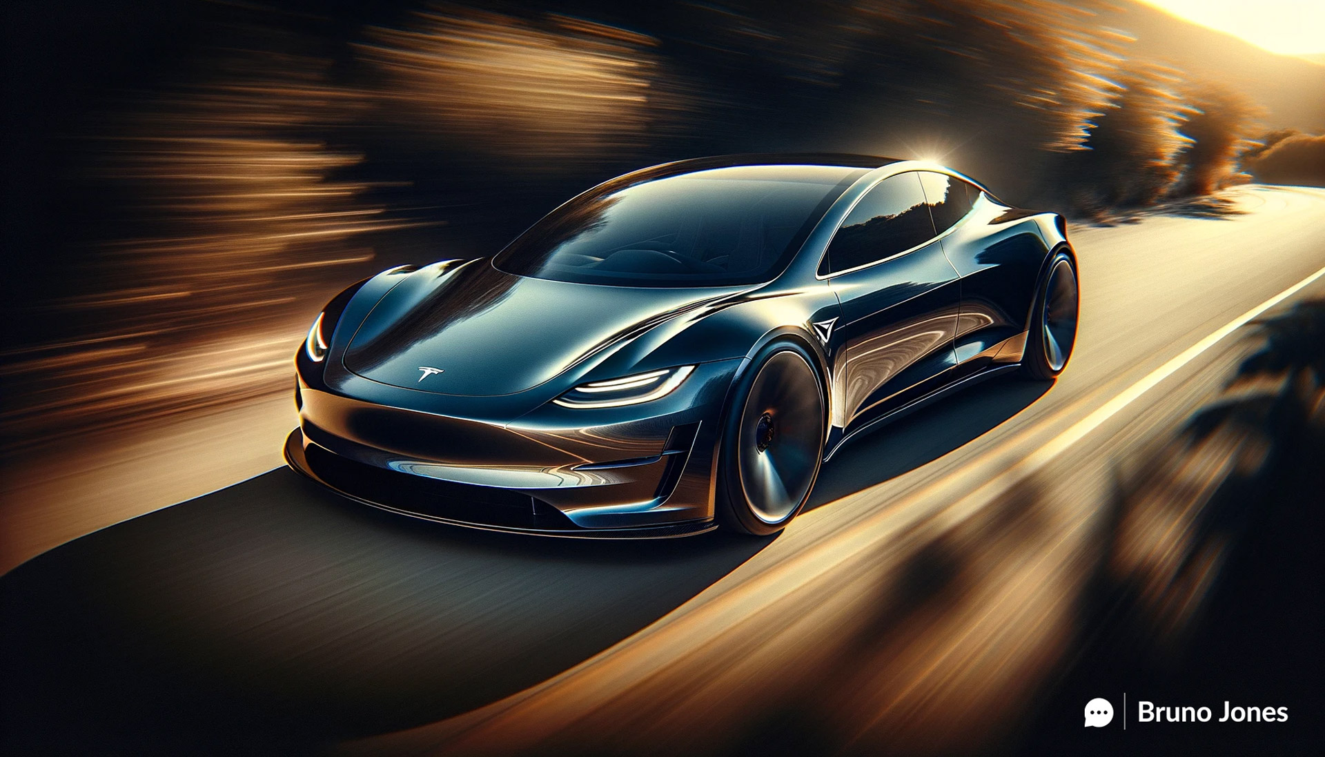 Custom GPT-designed image of a futuristic Tesla sports car captured in a dynamic panning shot akin to Canon EOS-1D X Mark II with a 35mm lens, highlighting its sleek motion, advanced design, and the interplay of light and shadow against a blurred background, illustrating cutting-edge speed and innovation in automotive technology.