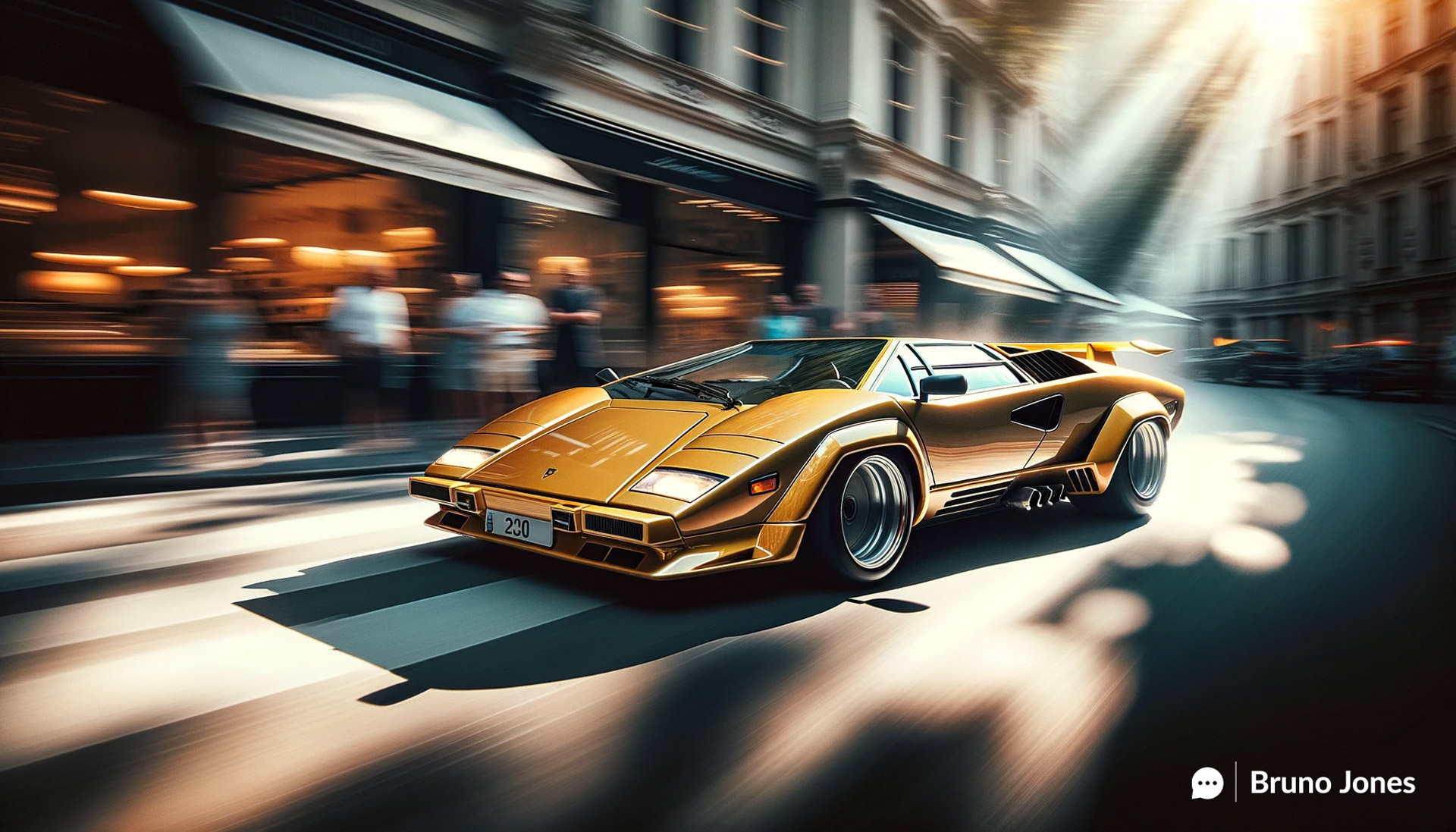 Custom GPT-generated image of a Lamborghini Countach in a dynamic panning shot, styled after Canon EOS-1D X Mark II with a 50-500mm lens, emphasizing the car's sleek design and motion with light and shadow play against a blurred backdrop.