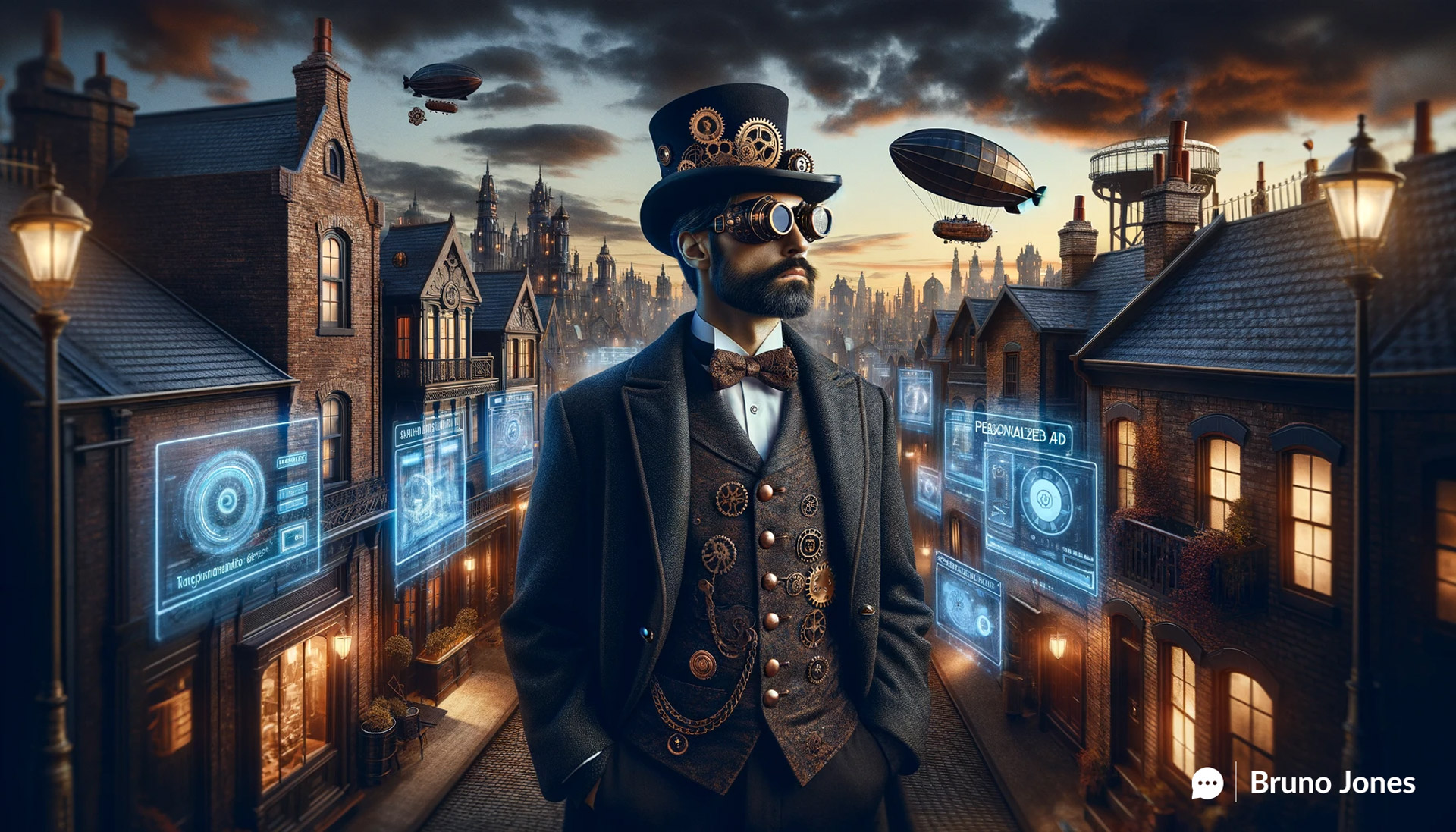 Steampunk cityscape at dusk featuring a man of Portuguese descent interacting with a custom GPT-powered digital advertisement screen, surrounded by Victorian-era buildings with futuristic, brass-framed digital displays and airships.