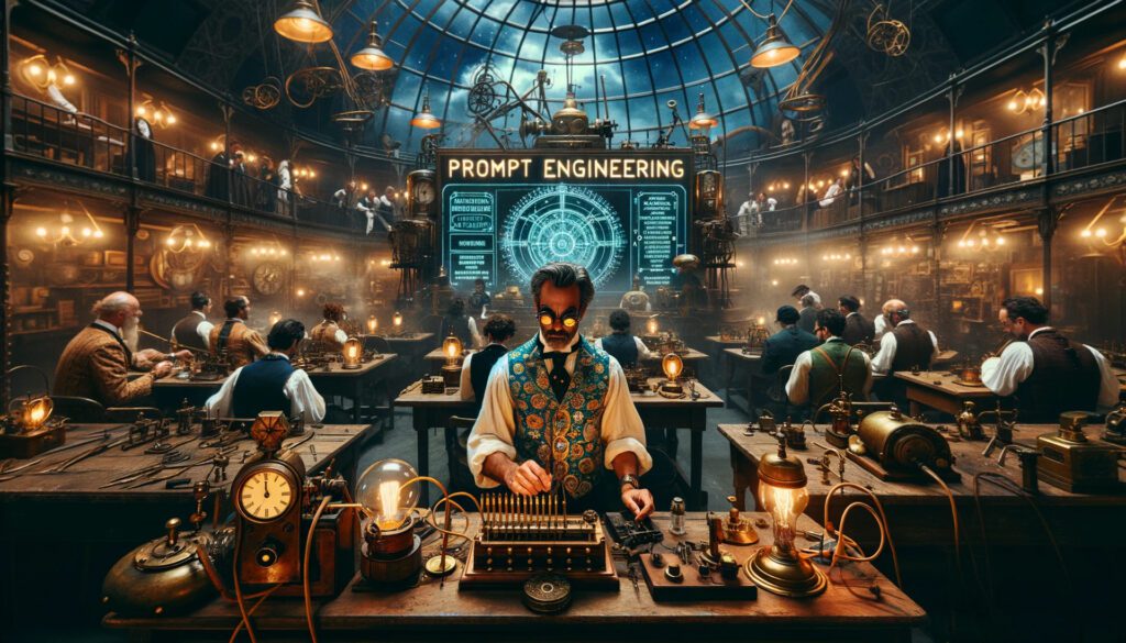 Steampunk workshop for ChatGPT prompts engineering with attendees experimenting under the guidance of a man of Portuguese descent, surrounded by vintage technology.