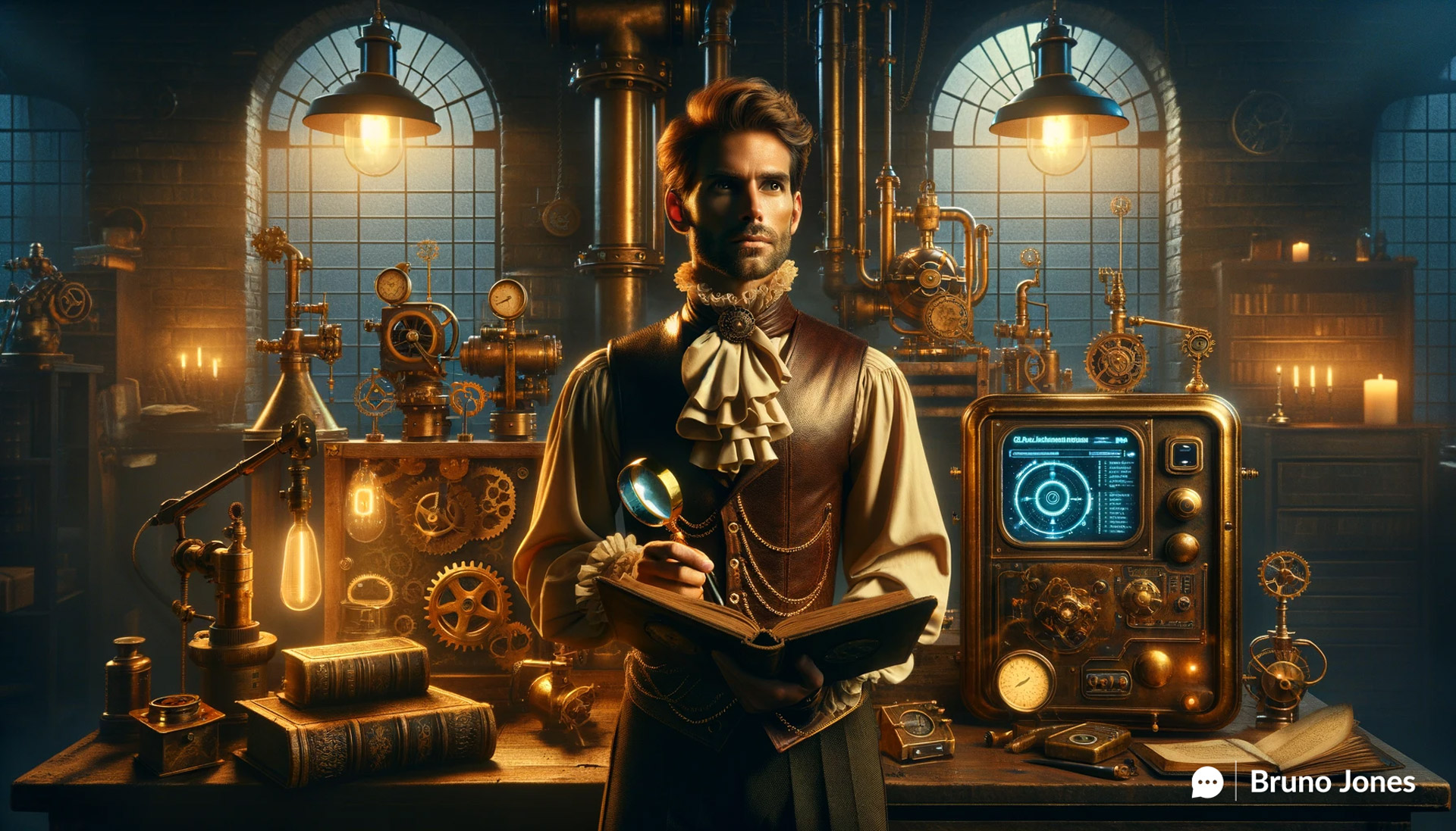 Steampunk workshop with a man of Portuguese descent operating AI-enhanced digital marketing tools, surrounded by Victorian-era gadgets designed to boost your SEO rankings with AI magic, highlighted by a contrast of dark indigo and amber lighting.