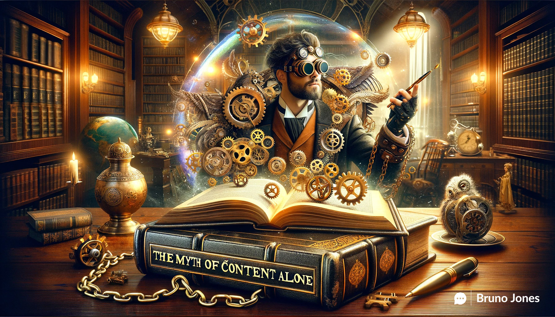 Steampunk-themed depiction of a man of Portuguese descent contemplating the book 'The Myth of Content Alone' with a broken chain, symbolizing the multifaceted approach necessary for on-page SEO wins, surrounded by Victorian-era inspired machinery and holographic SEO strategy projections.